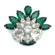 Emerald Green Eisenberg Fan Brooch with 11mm Headlight Stones, 1.5" x 1.75" Silver Tone, Rhodium Plated