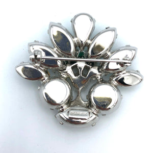 Emerald Green Eisenberg Fan Brooch with 11mm Headlight Stones, 1.5" x 1.75" Silver Tone, Rhodium Plated