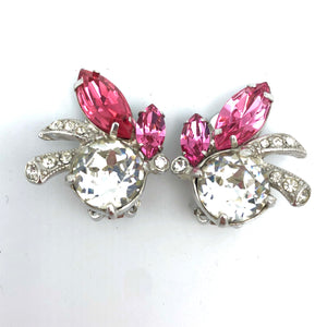 Vintage Signed Eisenberg Ice Rhinestone Earrings, Pink and Clear