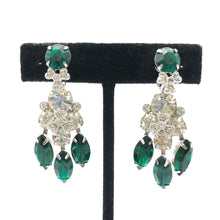 Eisenberg Dangle Earrings, Emerald and Clear Rhinestones, 2" x .75" Clips