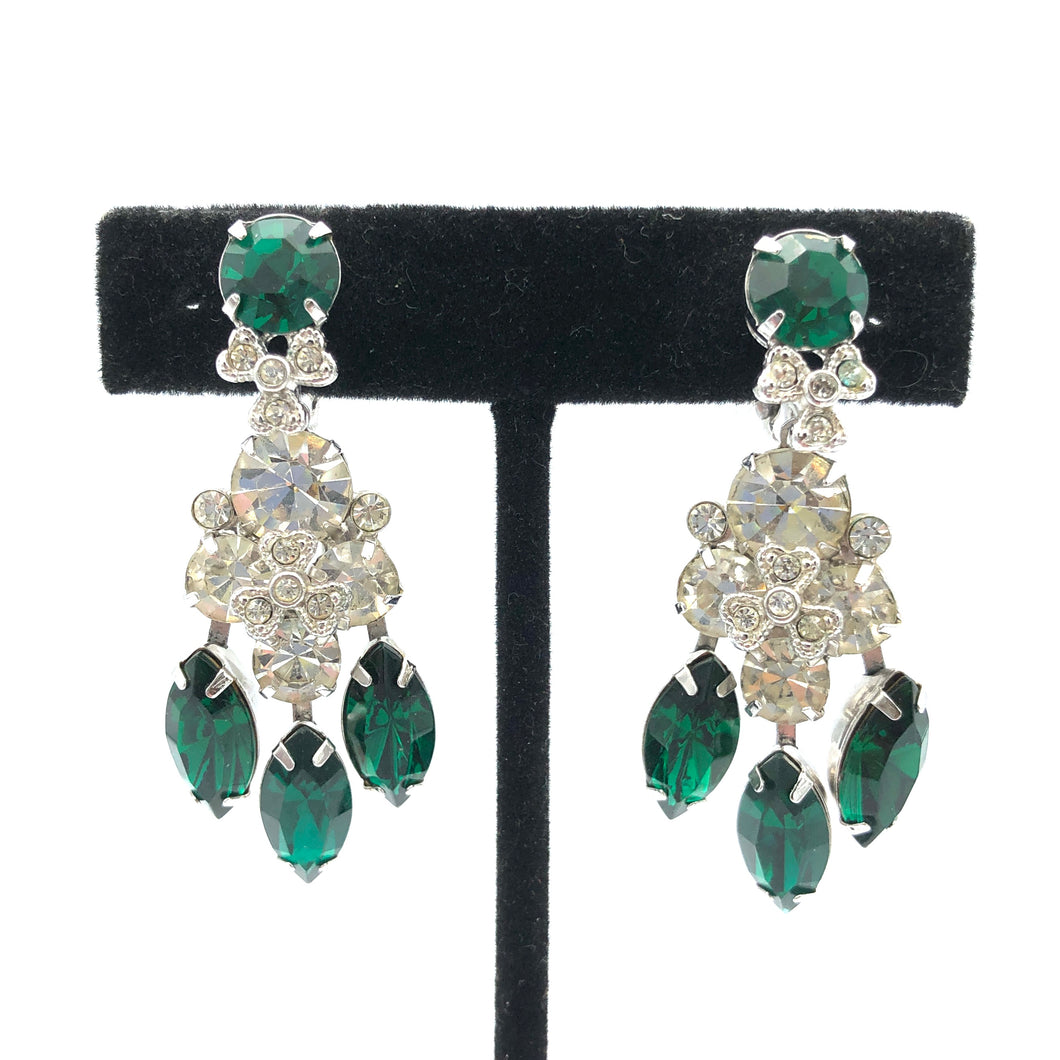 Eisenberg Dangle Earrings, Emerald and Clear Rhinestones, 2