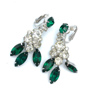 Eisenberg Dangle Earrings, Emerald and Clear Rhinestones, 2" x .75" Clips