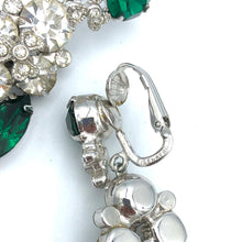 Eisenberg Dangle Earrings, Emerald and Clear Rhinestones, 2" x .75" Clips