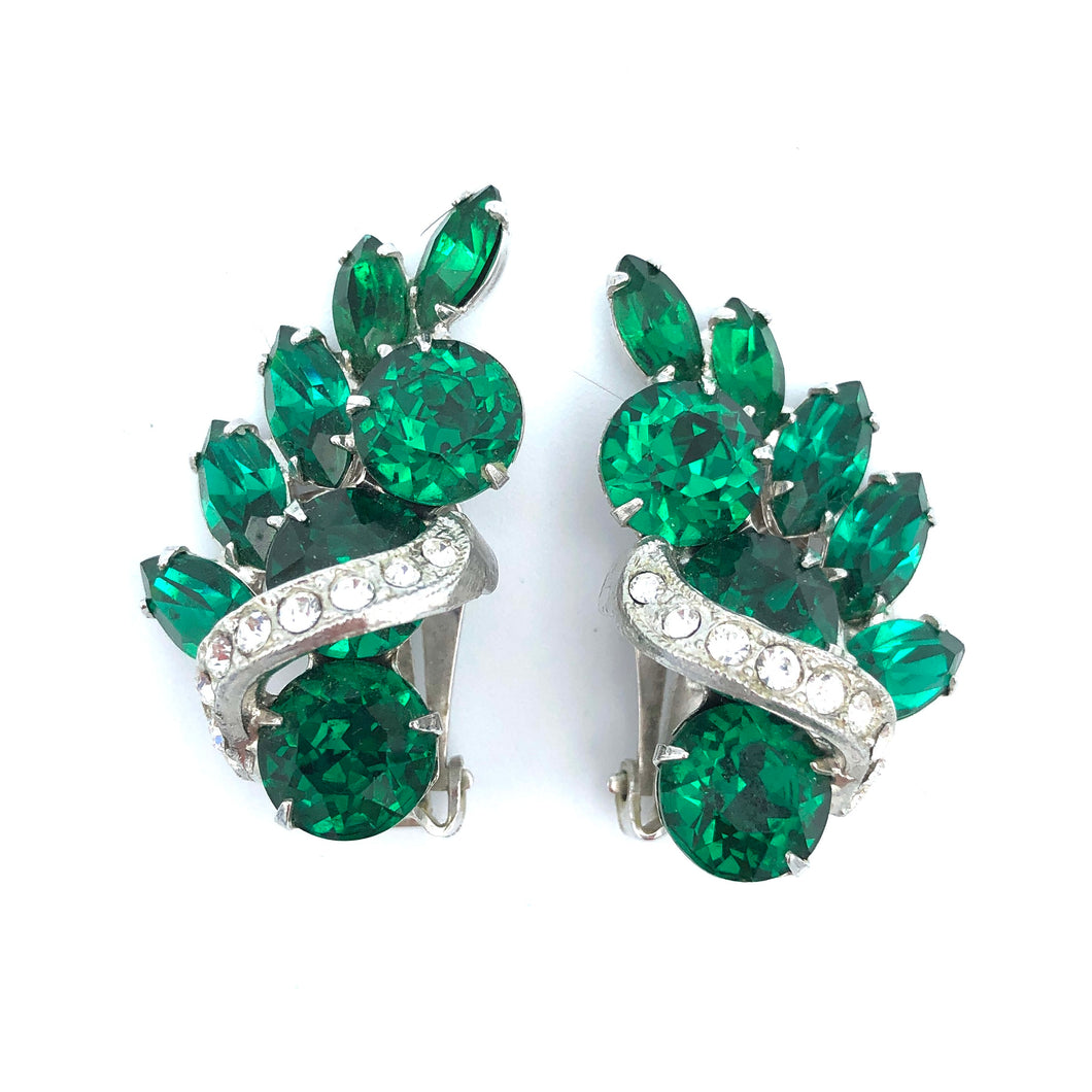 Emerald Green Eisenberg Earrings with clear Rhinestone Icing 1.5