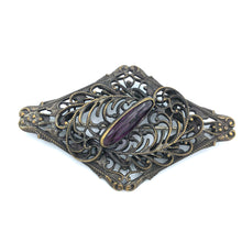 Diamond Shaped Victorian Sash Brooch, Brass with Purple Glass Stone, 2 7/8" x 1.75"