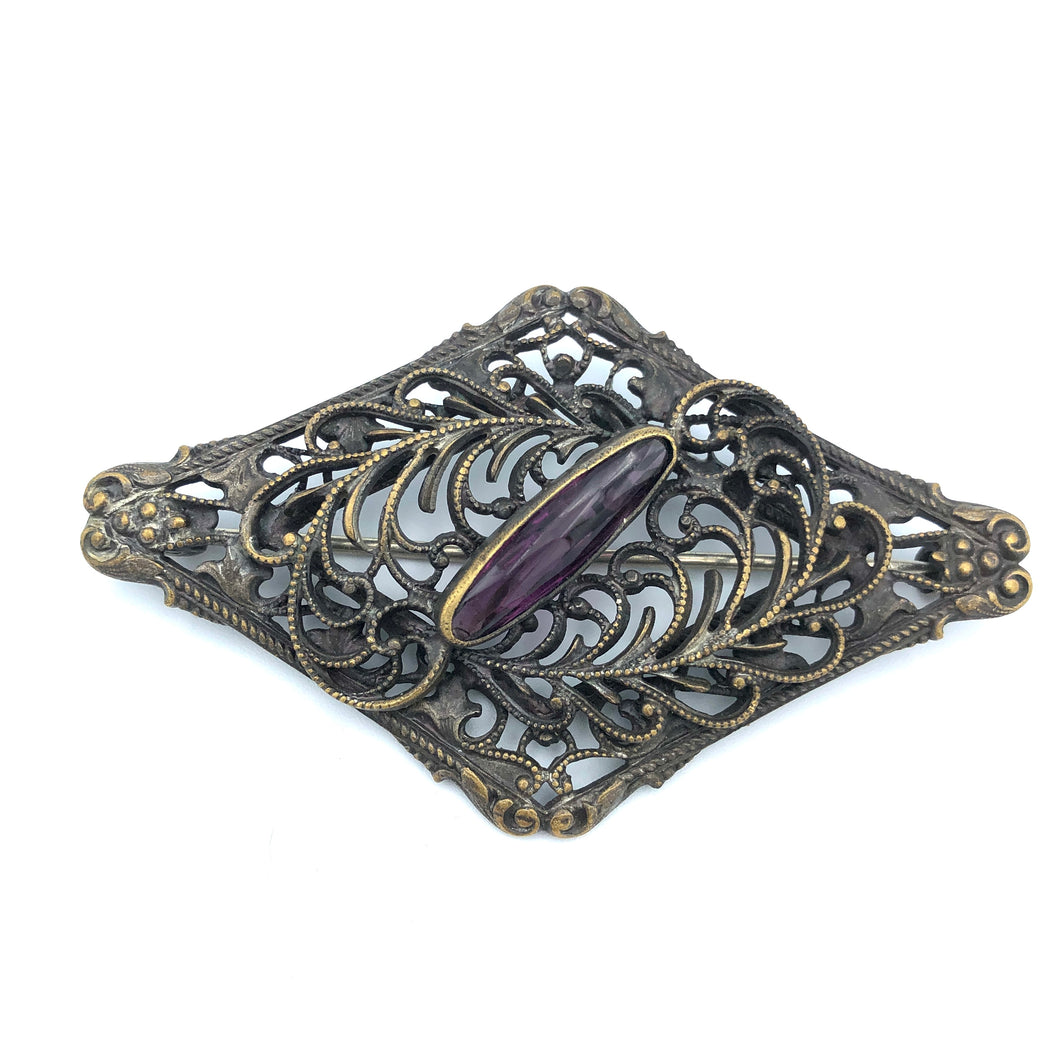 Diamond Shaped Victorian Sash Brooch, Brass with Purple Glass Stone, 2 7/8