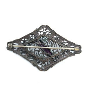 Diamond Shaped Victorian Sash Brooch, Brass with Purple Glass Stone, 2 7/8" x 1.75"