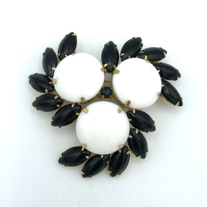 Large Milk Glass Brooch with Black Navettes, 2.75" Statement Jewelry