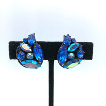 Blue AB Paisley Shaped Rhinestone Earrings, 1" x .75"