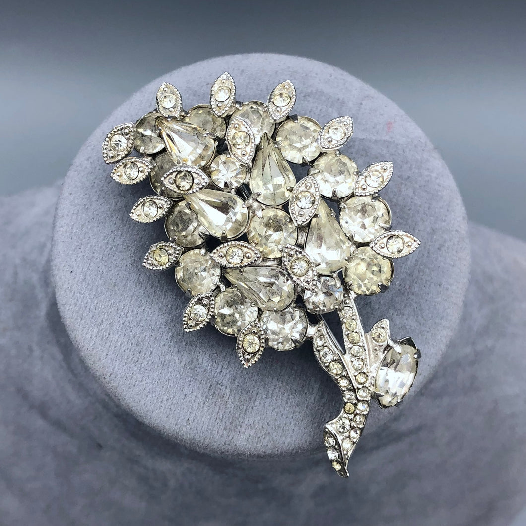 Vintage Signed Eisenberg Crystal Flower Brooch, 2.25 x 1.5