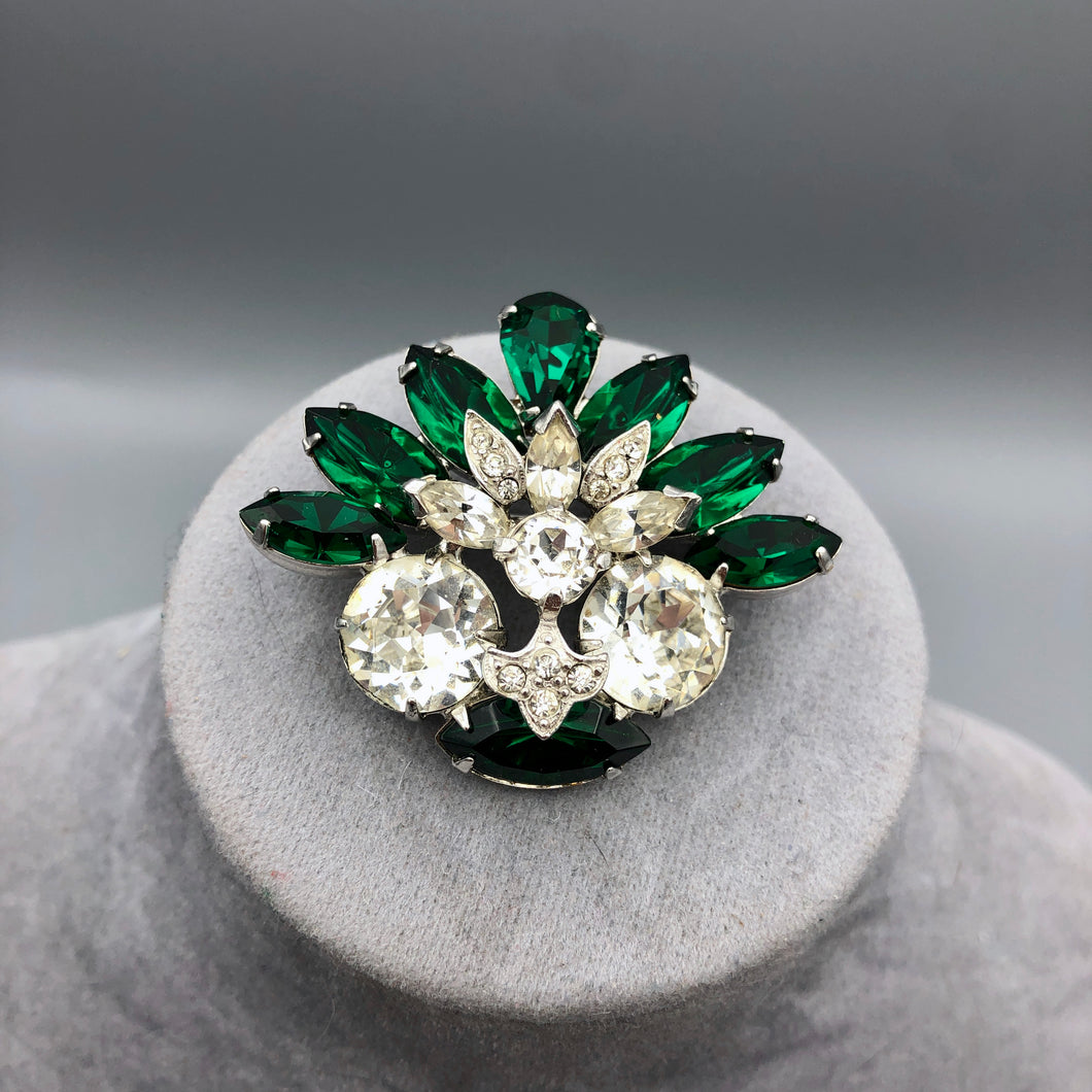 Emerald Green Eisenberg Fan Brooch with 11mm Headlight Stones, 1.5
