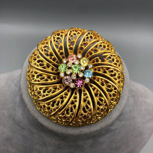 Large Gold Tone BSK Brooch with Pastel Rhinestones, 2"