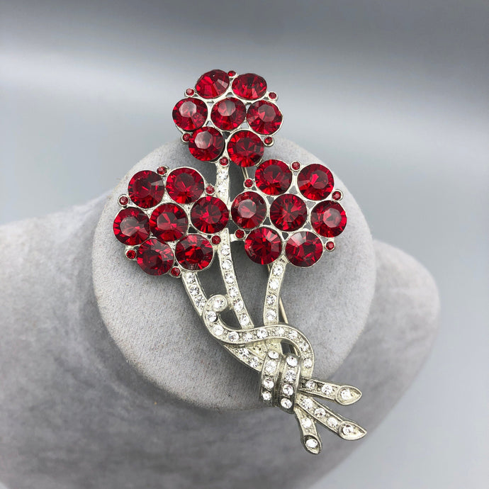 Large Pot Metal Flower Brooch, Siam Ruby and Clear, 3.25