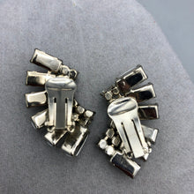 Milk Glass & Rhinestone Fan Clip Earrings, 1.5" x .75" Silver Tone