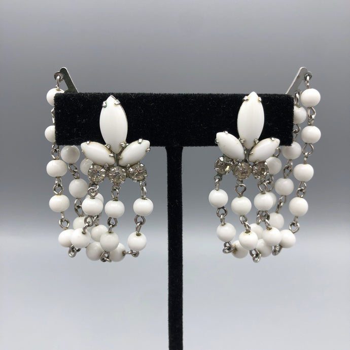 Milk Glass Swag Earrings with Rhinestones, Large Ear Climbing Clips with Beads
