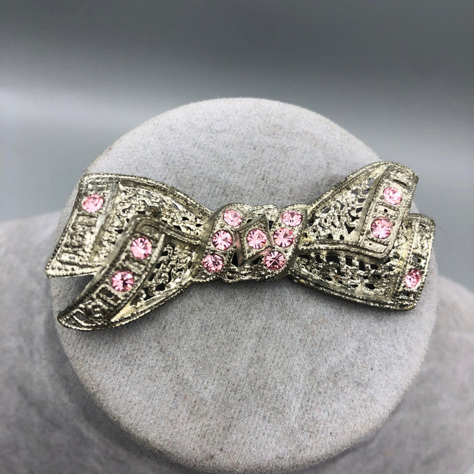 Pot Metal Rhinestone Bow Brooch, Pink with C Clasp, 2.5
