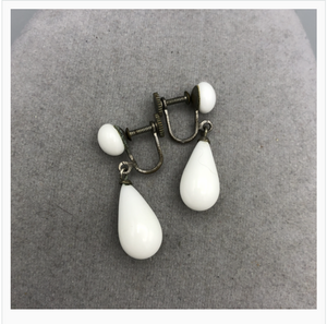 Milk Glass Dangle Earrings, Made in Japan, 1.25" x .5" Screw