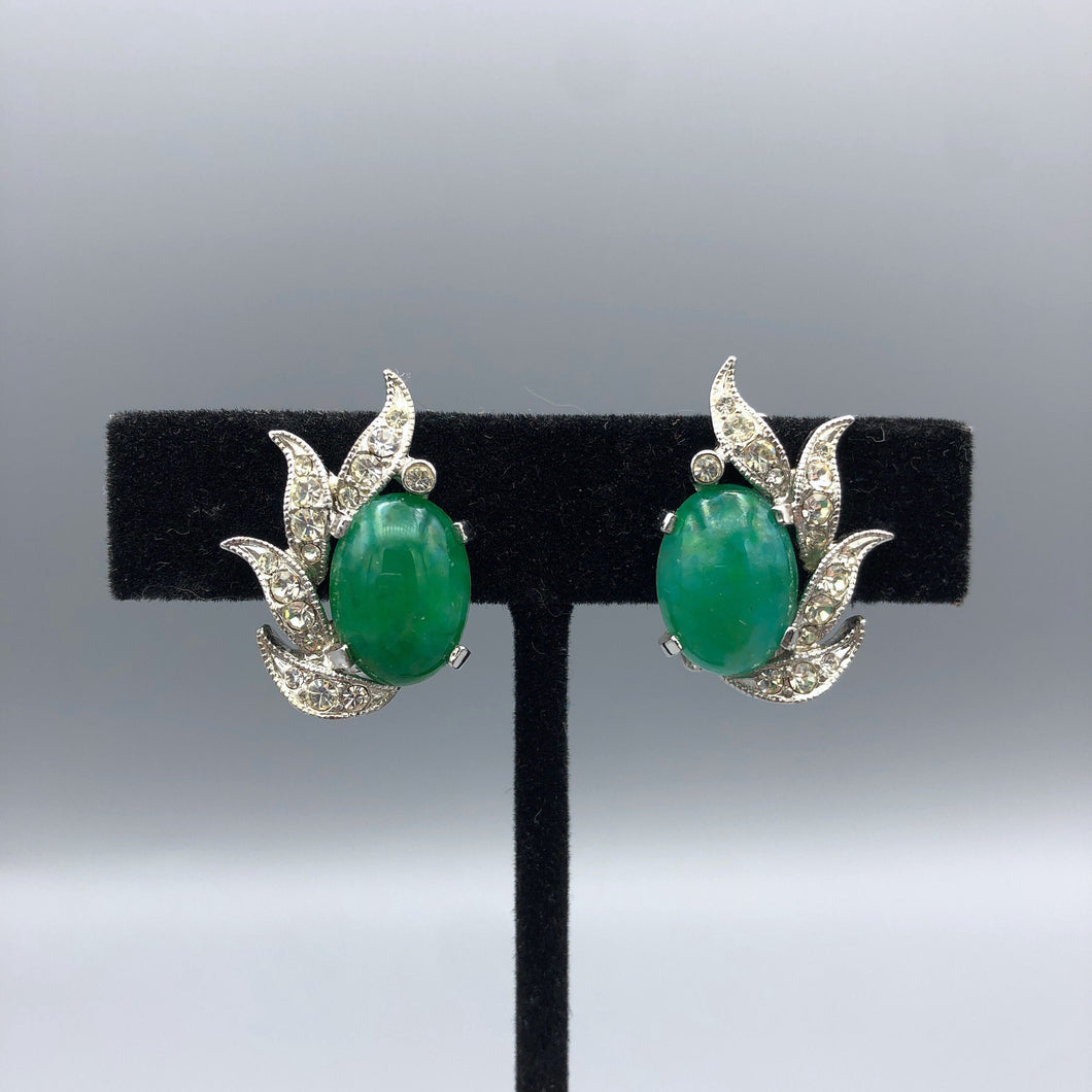 Signed Eisenberg Jade Matrix Earrings with Icing, 1 1/8