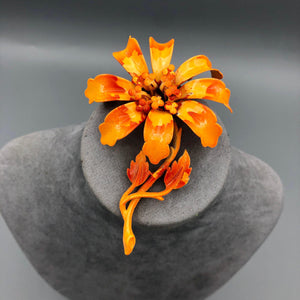 Signed Hedy Orange Enamel Flower Brooch with Stem, 3.5" x 2.25"