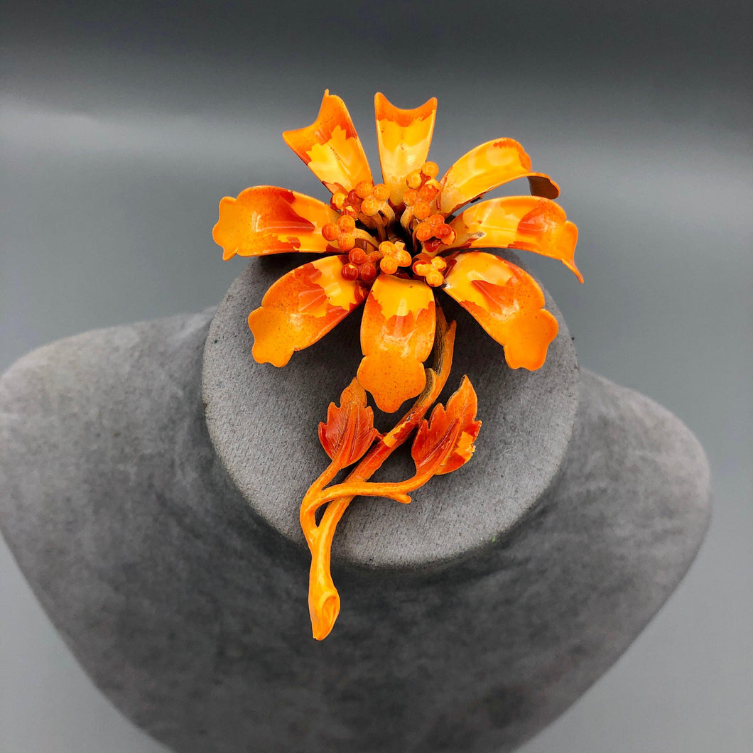 Signed Hedy Orange Enamel Flower Brooch with Stem, 3.5