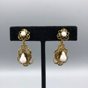 Vintage B. David Milk Glass Earrings, Victorian Revival, 1.5" x .75"