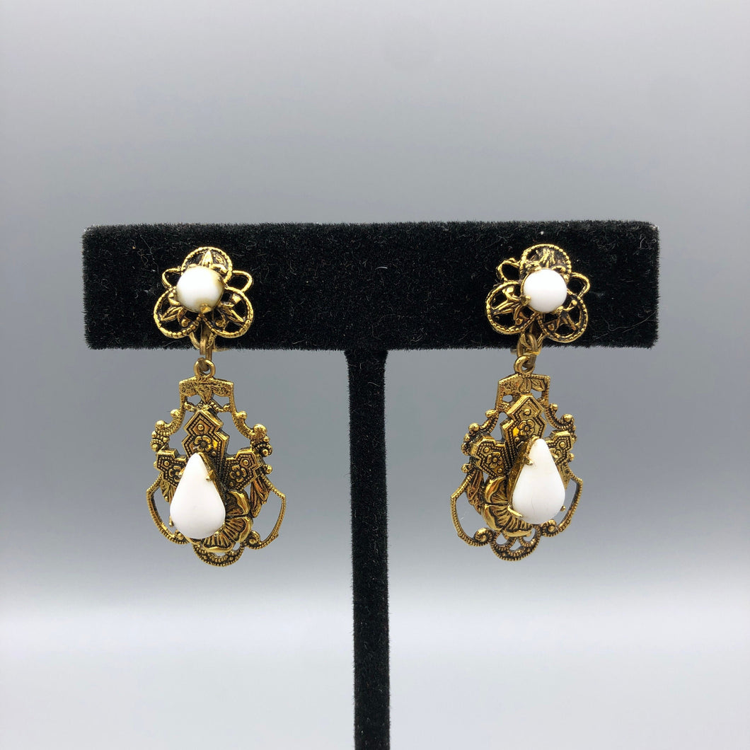 Vintage B. David Milk Glass Earrings, Victorian Revival, 1.5