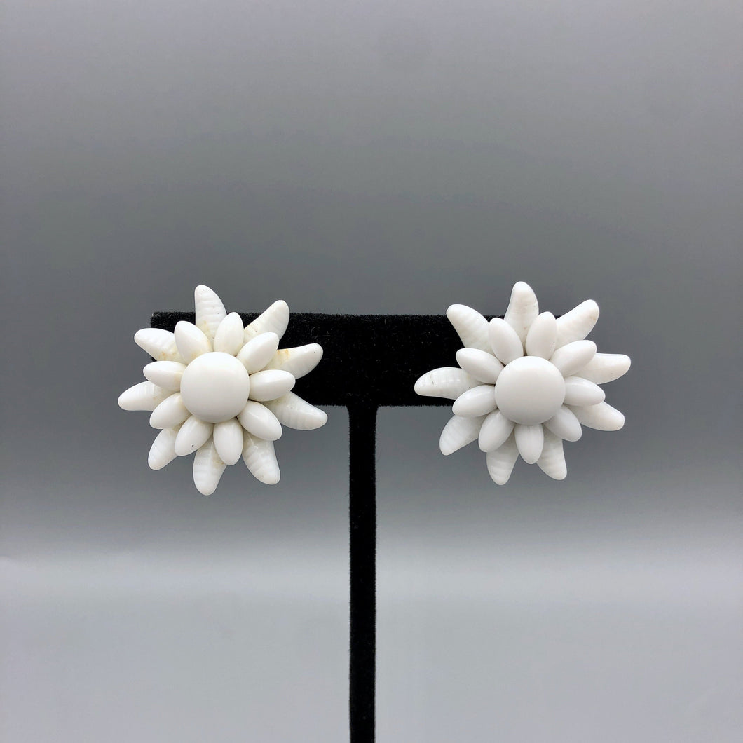 Vintage Milk Glass Beaded Flower Earrings, 1.25