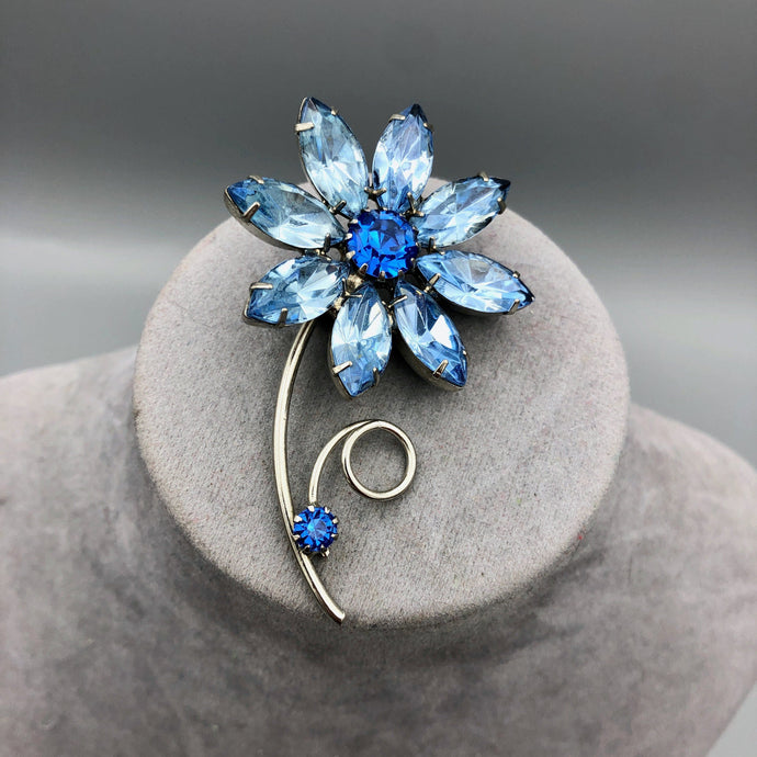 Vintage Rhinestone Flower Brooch, Two Tone Sapphire Blue, 2.5