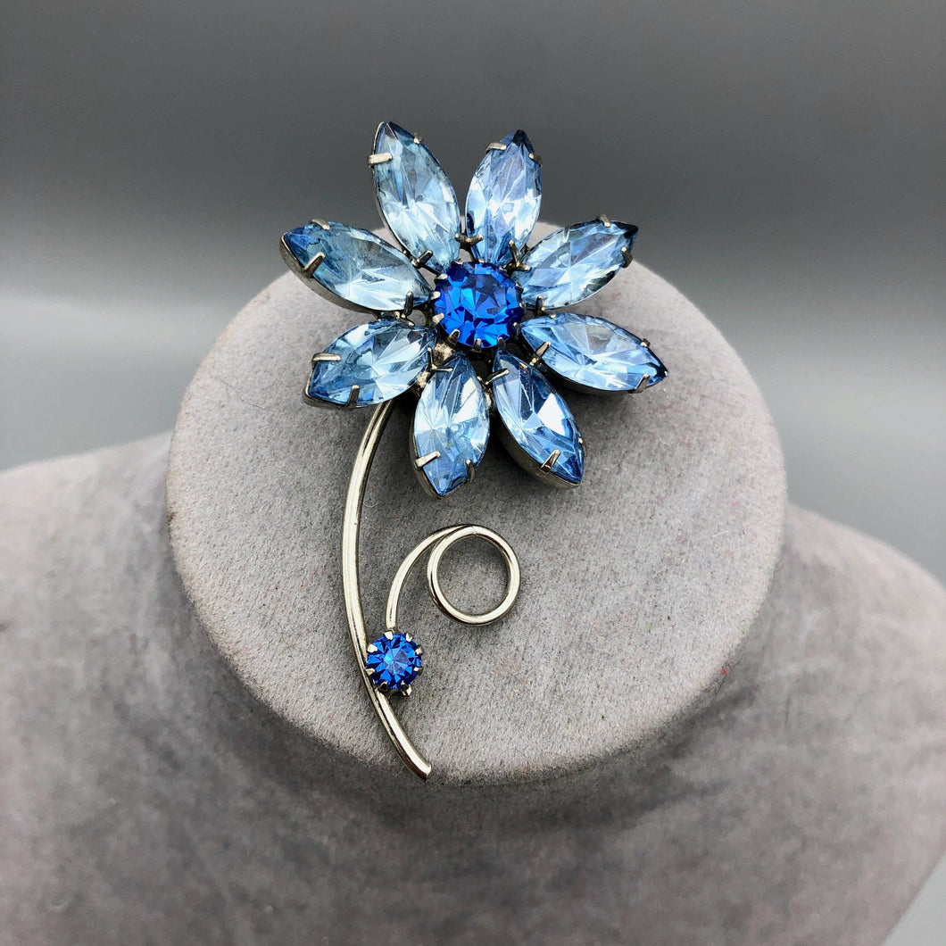 Vintage Rhinestone Flower Brooch, Two Tone Sapphire Blue, 2.5