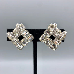 Vintage Signed Eisenberg Rhinestone Earrings, 1.25" Emerald Cut Clips with Icing