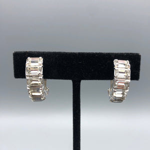 Vintage Signed Eisenberg Rhinestone Half Hoop Earrings, 1" x 3/8" Emerald Cut Clips