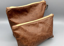 Cognac Leather Zippered Pouches in 2 Sizes, Distressed Leather with Side Ring