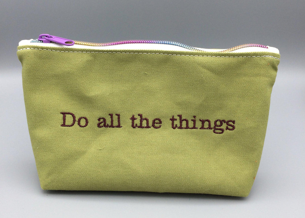 DO ALL THE THINGS Embroidered Zip Pouch, Medium Size, Wasabi Canvas