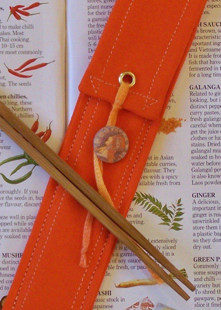 Eco-Friendly Personal Chopstick or Straw Case in Orange Canvas, Art Nouveau Princess Button