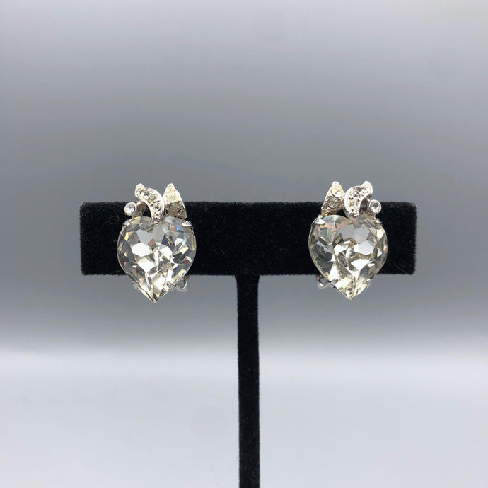 Heart Shaped Eisenberg Rhinestone Earrings, Signed Vintage Clips