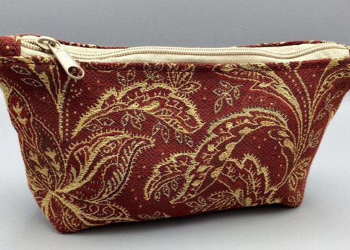 Medium Burgundy and Gold Brocade Zippered Pouch, Fully Lined
