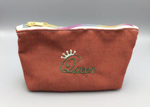 Queen Embroidered Zip Pouches, Medium Size, Red Brushed Twill