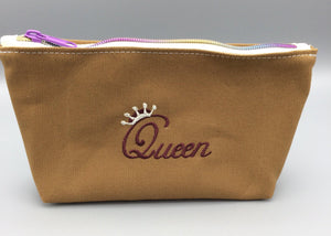 Queen Embroidered Zip Pouches, Medium Size, Tan Canvas