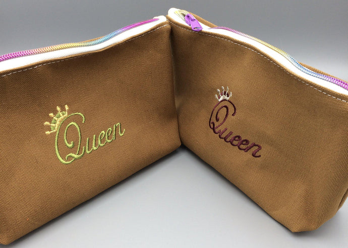 Queen Embroidered Zip Pouches, Medium Size, Tan Canvas