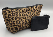 Two Tone Zippered Pouch Set of 2, Leopard Corduroy and Black Canvas