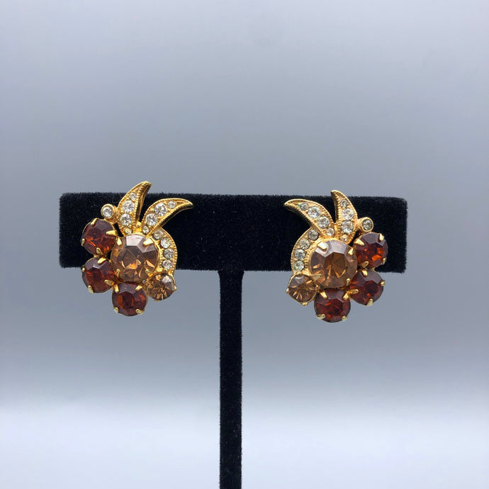 Vintage Signed Eisenberg Ice Rhinestone Clip Earrings, Madeira & Topaz in Gold Tone