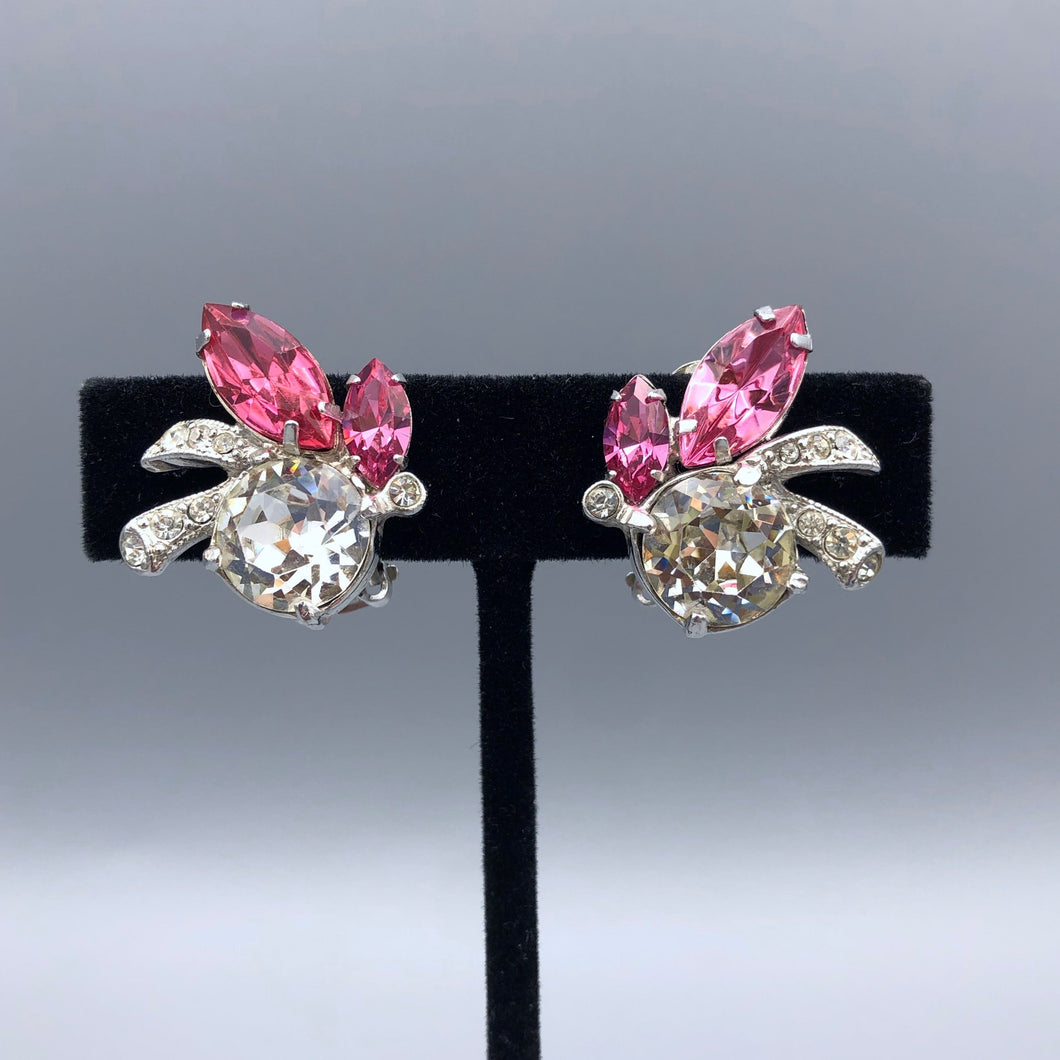 Vintage Signed Eisenberg Ice Rhinestone Earrings, Pink and Clear