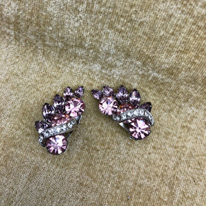Vintage Signed Eisenberg Rhinestone Clip Earrings, Pink & Lavender with Icing