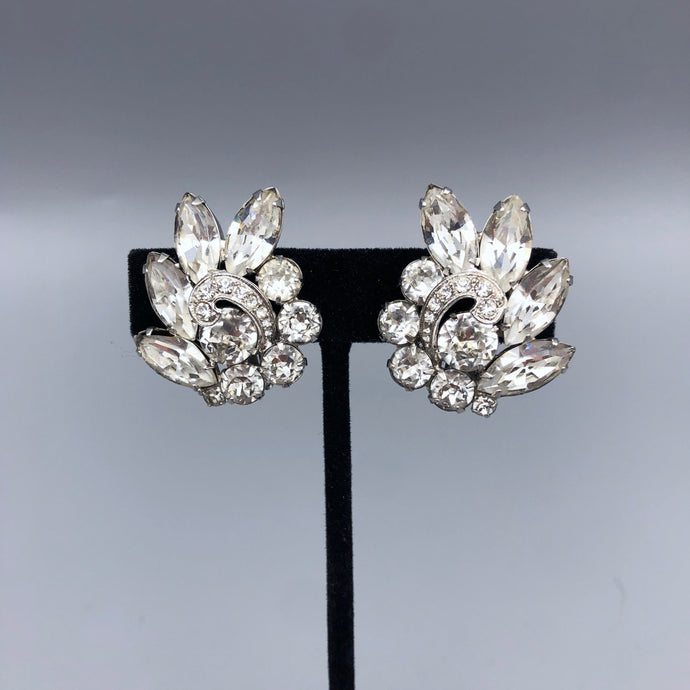Vintage Signed Eisenberg Rhinestone Earrings, Large Cluster