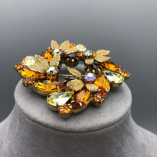Vintage Topaz and Jonquil Brooch with Gold Tone Leaves, 2 3/8", Reborn by Roxy