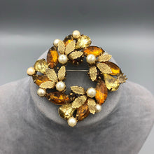 Vintage Topaz and Jonquil Brooch with Gold Tone Leaves, 2 3/8", Reborn by Roxy